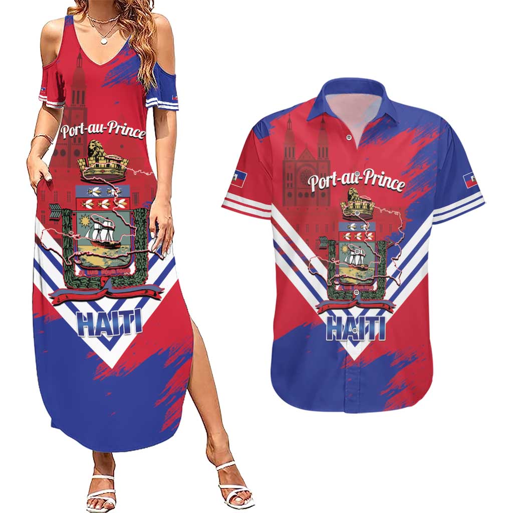 Port-au-Prince Haiti Couples Matching Summer Maxi Dress and Hawaiian Shirt Potoprens Coat of arms Grunge Vibes