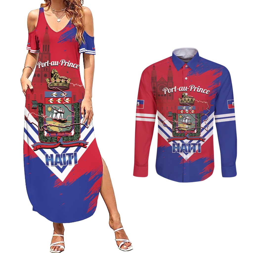 Port-au-Prince Haiti Couples Matching Summer Maxi Dress and Long Sleeve Button Shirt Potoprens Coat of arms Grunge Vibes
