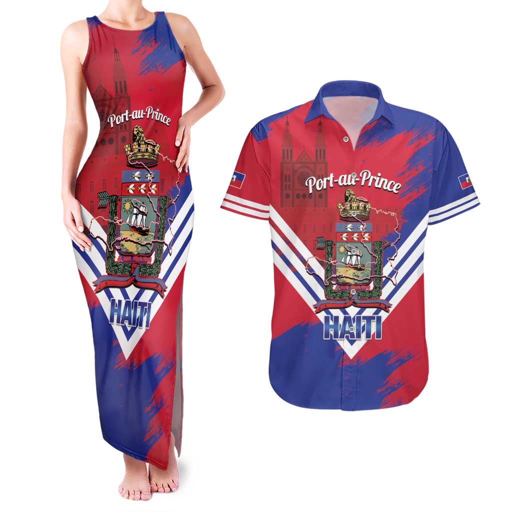 Port-au-Prince Haiti Couples Matching Tank Maxi Dress and Hawaiian Shirt Potoprens Coat of arms Grunge Vibes
