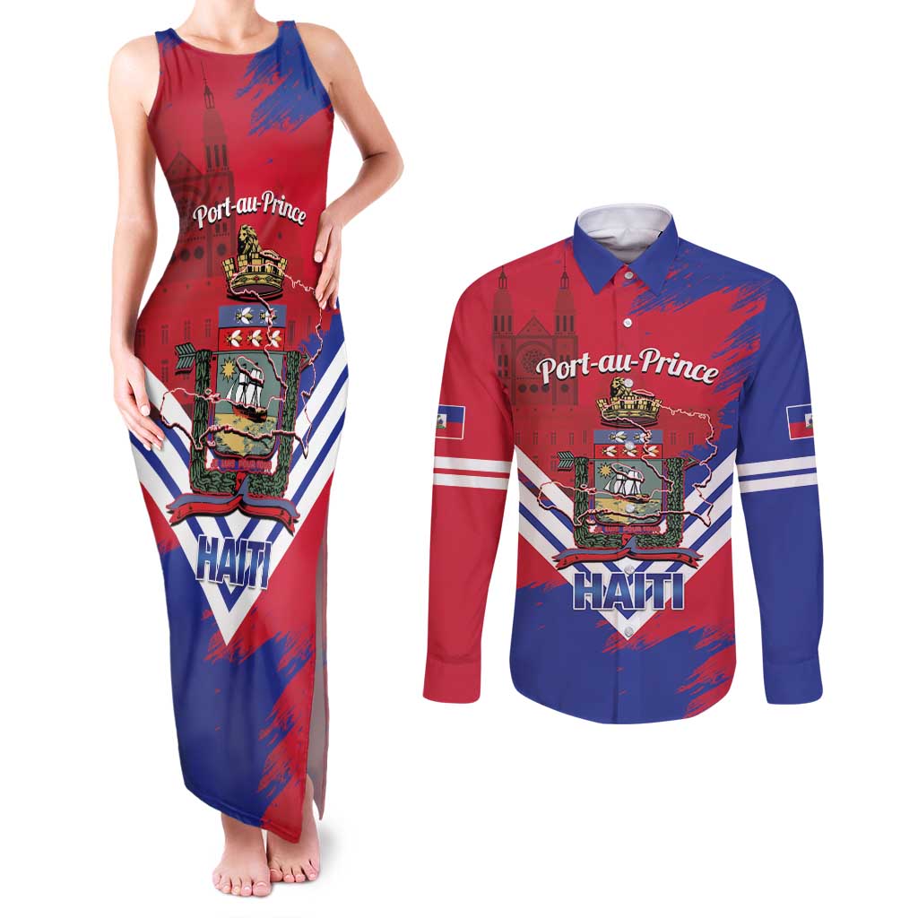Port-au-Prince Haiti Couples Matching Tank Maxi Dress and Long Sleeve Button Shirt Potoprens Coat of arms Grunge Vibes