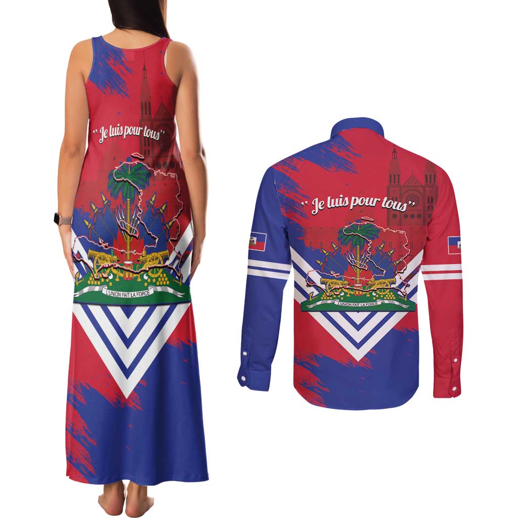 Port-au-Prince Haiti Couples Matching Tank Maxi Dress and Long Sleeve Button Shirt Potoprens Coat of arms Grunge Vibes