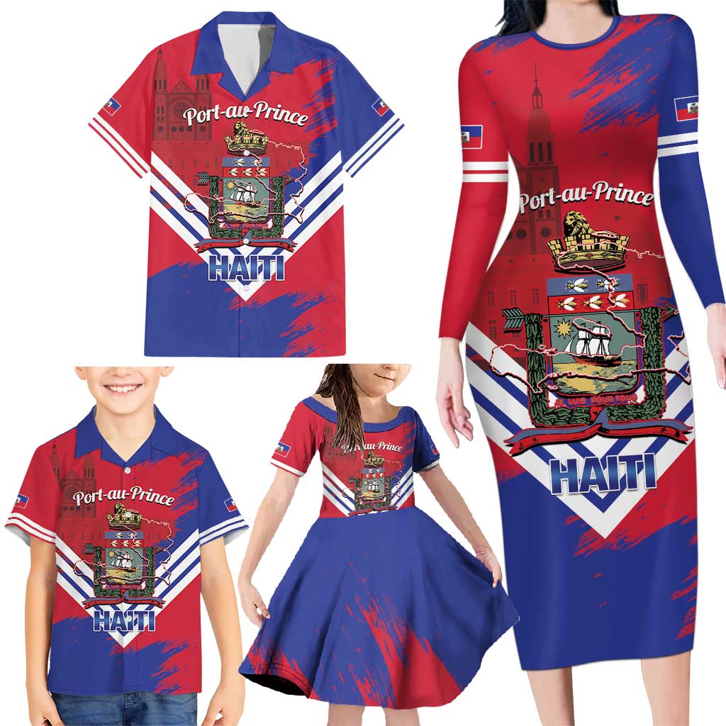 Port-au-Prince Haiti Family Matching Long Sleeve Bodycon Dress and Hawaiian Shirt Potoprens Coat of arms Grunge Vibes