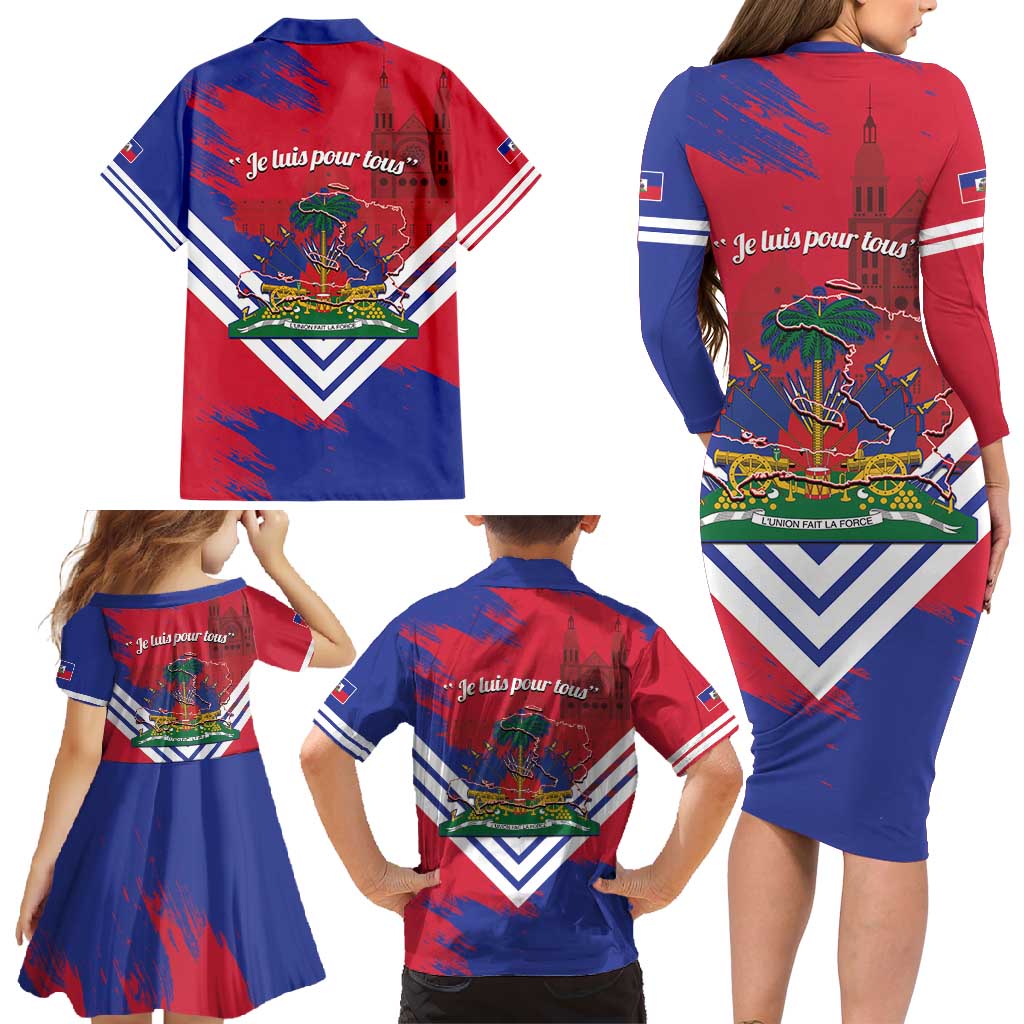 Port-au-Prince Haiti Family Matching Long Sleeve Bodycon Dress and Hawaiian Shirt Potoprens Coat of arms Grunge Vibes