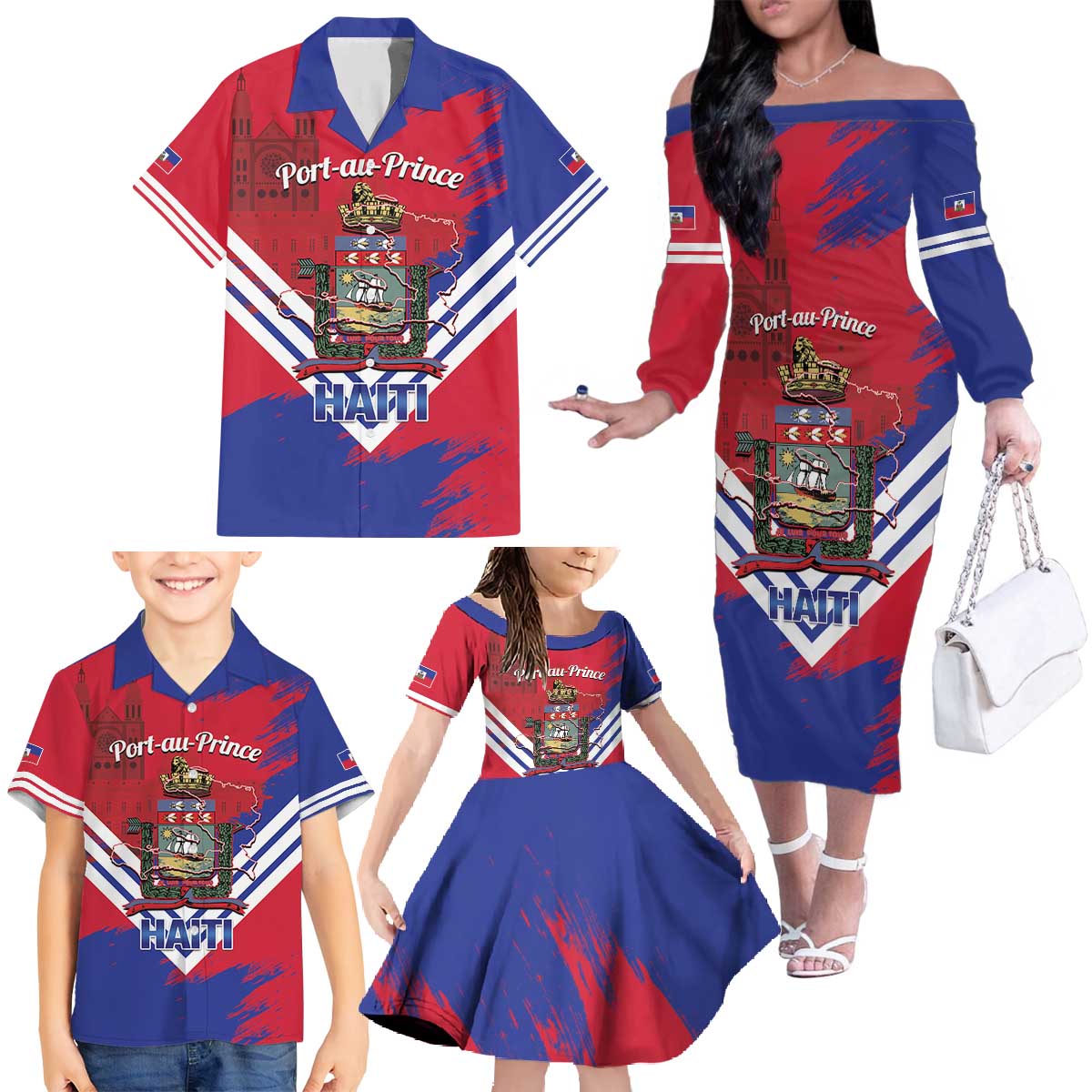 Port-au-Prince Haiti Family Matching Off The Shoulder Long Sleeve Dress and Hawaiian Shirt Potoprens Coat of arms Grunge Vibes