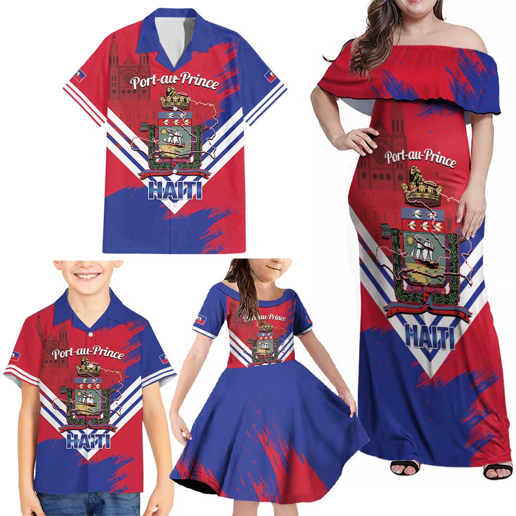 Port-au-Prince Haiti Family Matching Off Shoulder Maxi Dress and Hawaiian Shirt Potoprens Coat of arms Grunge Vibes