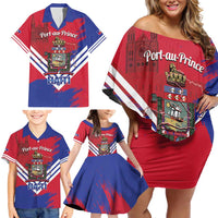 Port-au-Prince Haiti Family Matching Off Shoulder Short Dress and Hawaiian Shirt Potoprens Coat of arms Grunge Vibes
