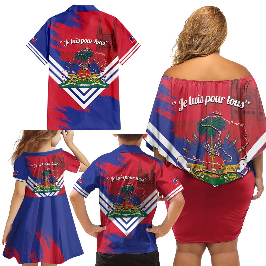 Port-au-Prince Haiti Family Matching Off Shoulder Short Dress and Hawaiian Shirt Potoprens Coat of arms Grunge Vibes