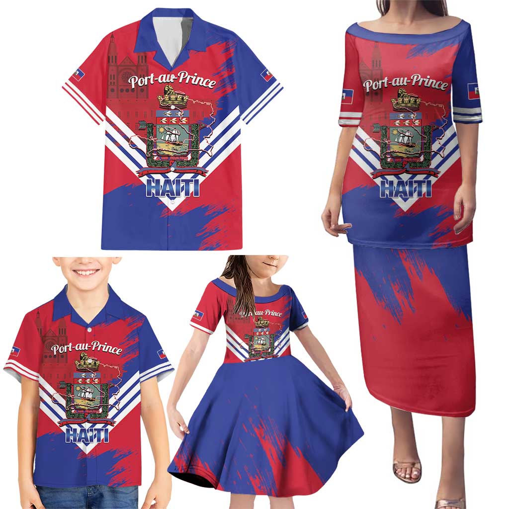 Port-au-Prince Haiti Family Matching Puletasi and Hawaiian Shirt Potoprens Coat of arms Grunge Vibes