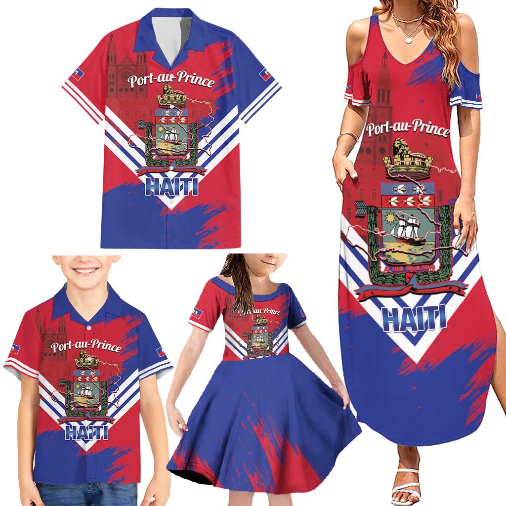 Port-au-Prince Haiti Family Matching Summer Maxi Dress and Hawaiian Shirt Potoprens Coat of arms Grunge Vibes