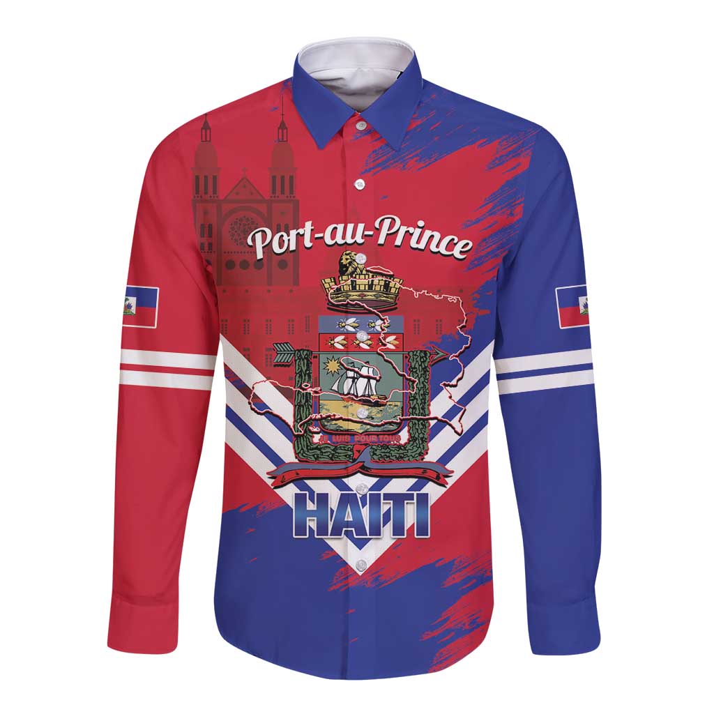 Port-au-Prince Haiti Long Sleeve Button Shirt Potoprens Coat of arms Grunge Vibes