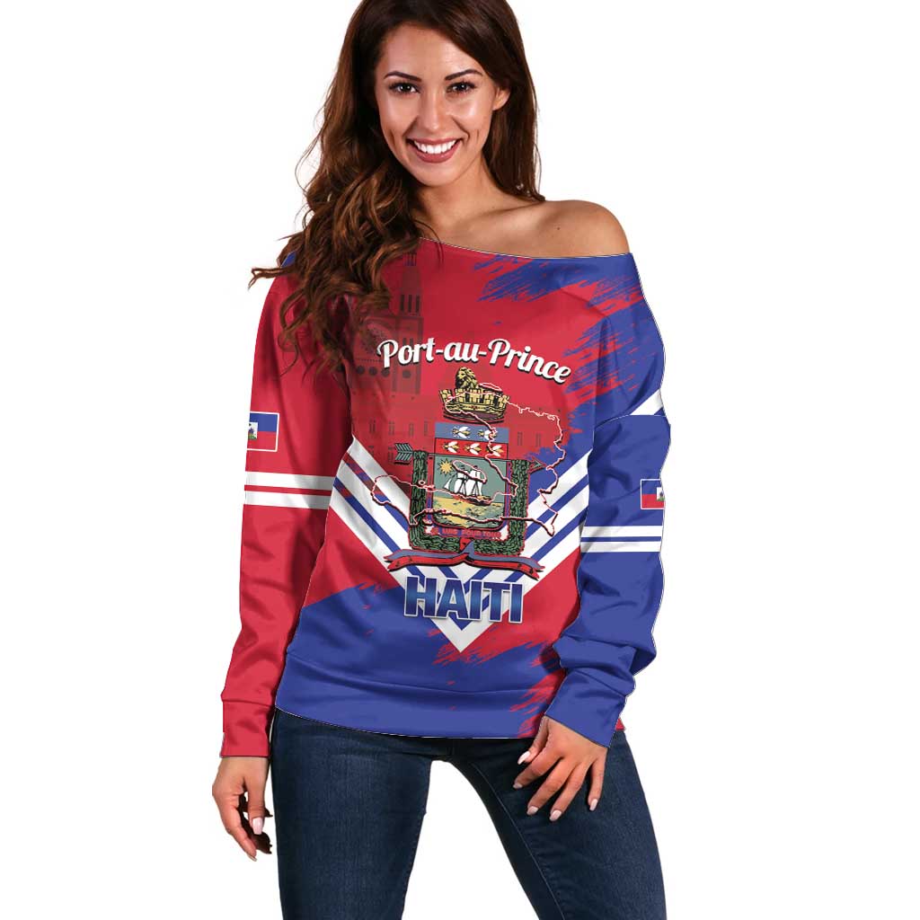 Port-au-Prince Haiti Off Shoulder Sweater Potoprens Coat of arms Grunge Vibes