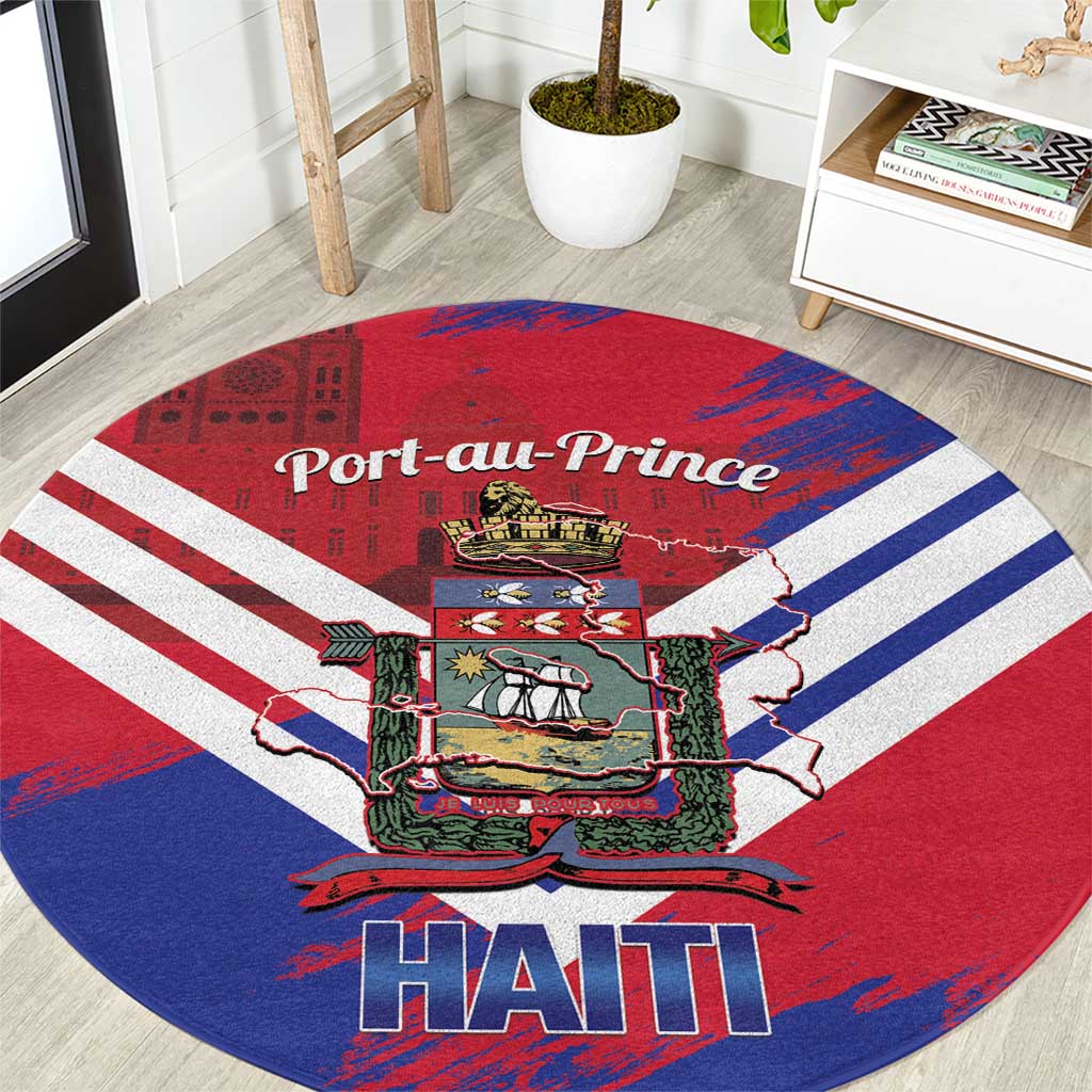 Port-au-Prince Haiti Round Carpet Potoprens Coat of arms Grunge Vibes