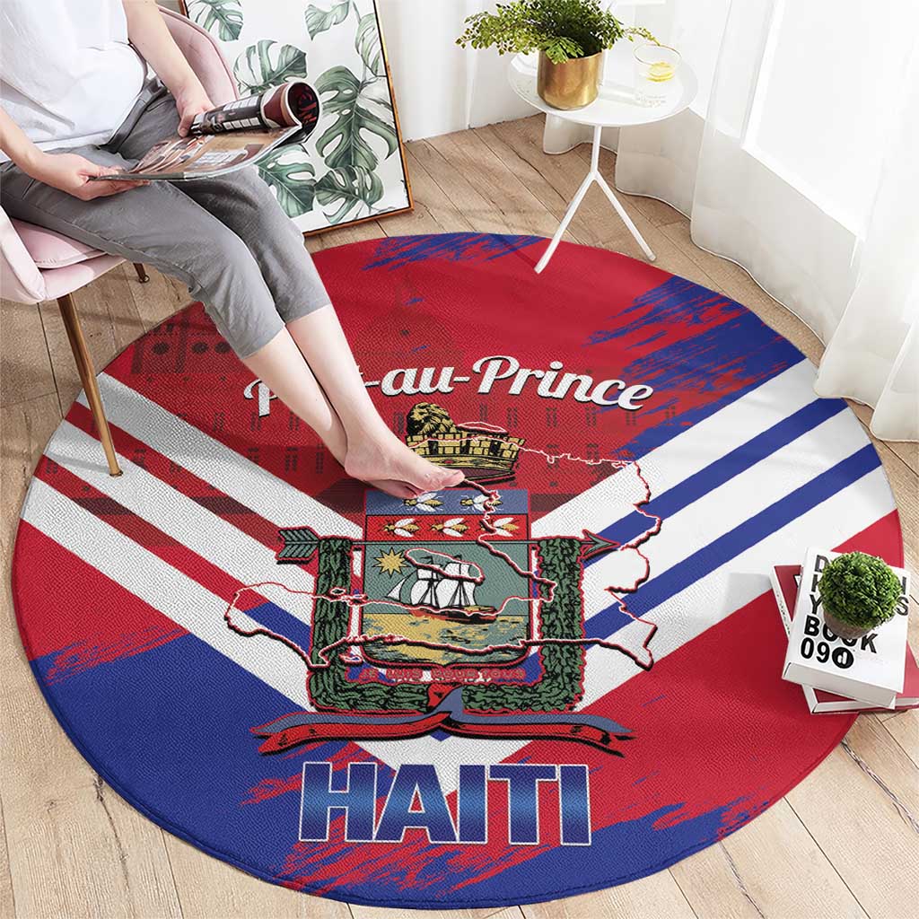 Port-au-Prince Haiti Round Carpet Potoprens Coat of arms Grunge Vibes