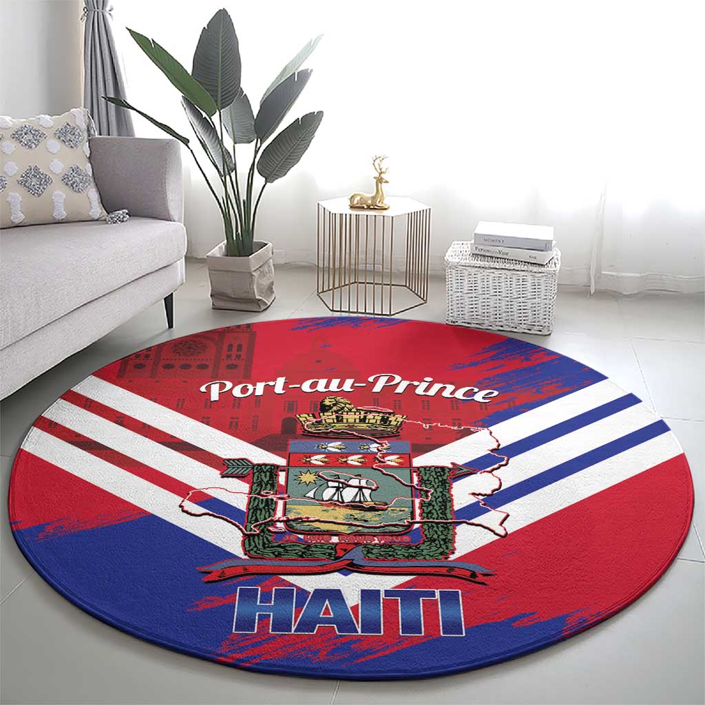 Port-au-Prince Haiti Round Carpet Potoprens Coat of arms Grunge Vibes