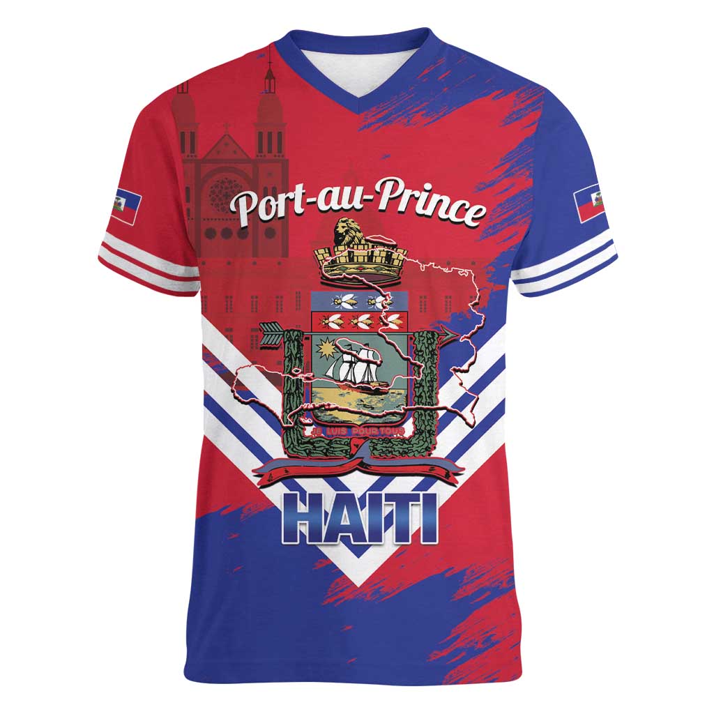 Port-au-Prince Haiti Women V-Neck T-Shirt Potoprens Coat of arms Grunge Vibes