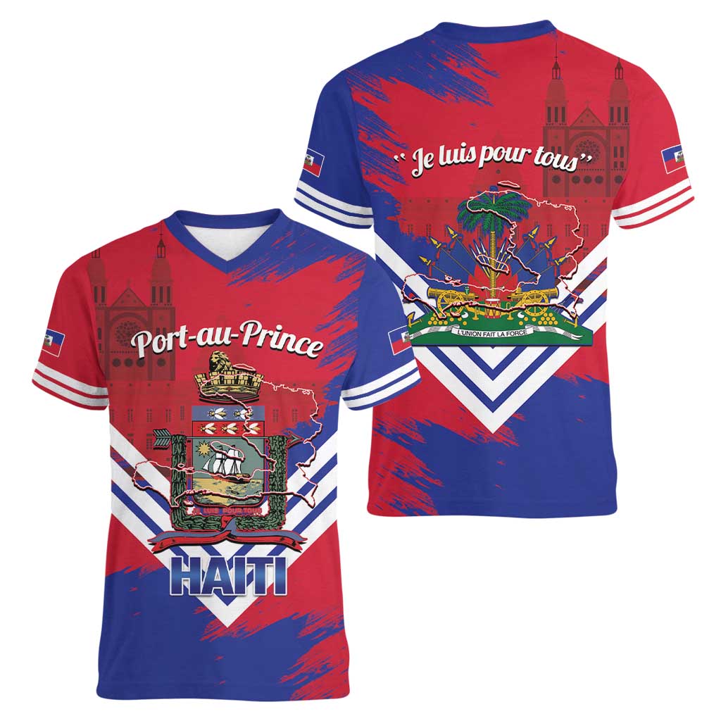 Port-au-Prince Haiti Women V-Neck T-Shirt Potoprens Coat of arms Grunge Vibes