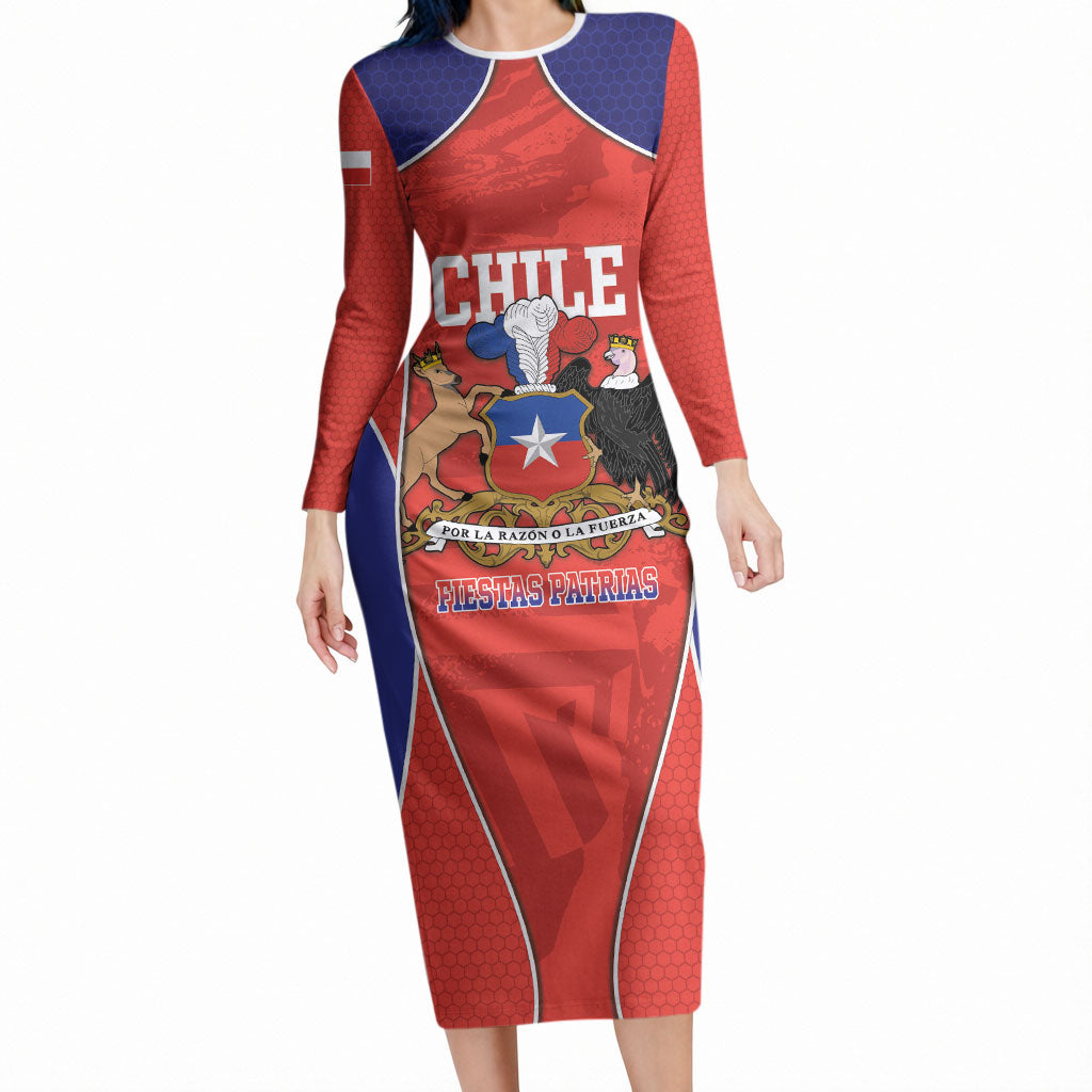 Personalized Chile Independence Day Long Sleeve Bodycon Dress Fiestas Patrias Coat Of Arms Style