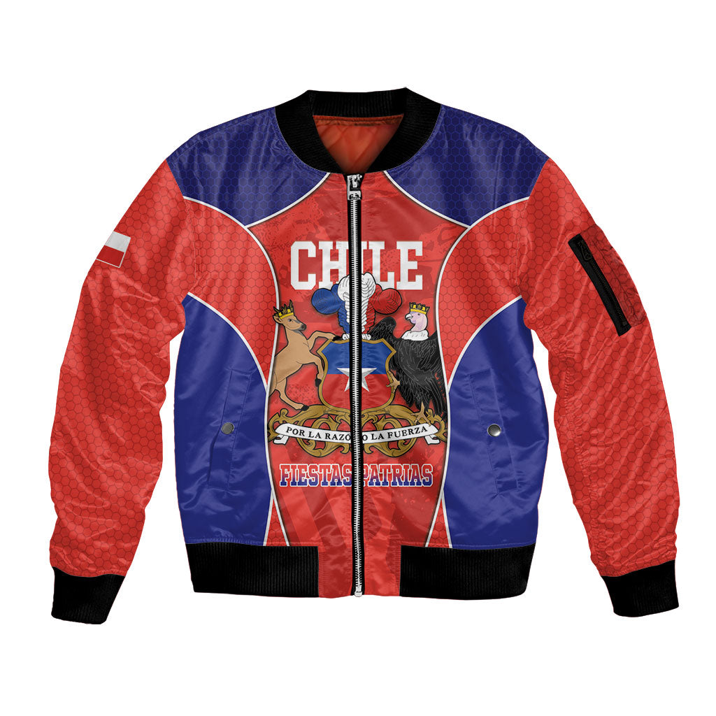 Personalized Chile Independence Day Sleeve Zip Bomber Jacket Fiestas Patrias Coat Of Arms Style