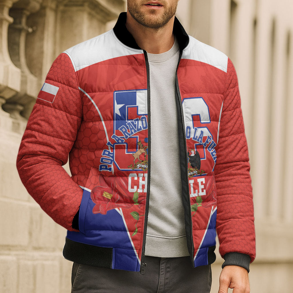 Personalized Chile Independence Day Bomber Puffer Jacket Chilean Code 56 Copihue Flowers