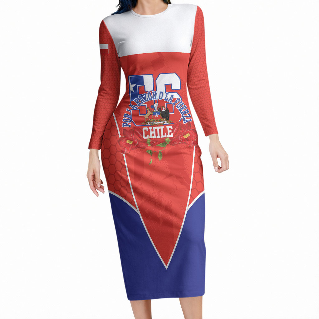 Personalized Chile Independence Day Long Sleeve Bodycon Dress Chilean Code 56 Copihue Flowers