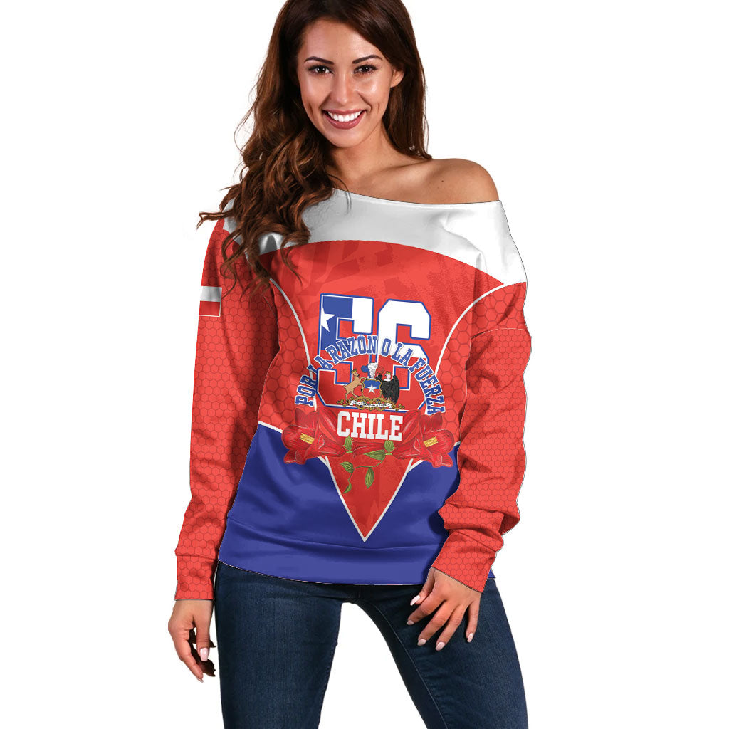 Personalized Chile Independence Day Off Shoulder Sweater Chilean Code 56 Copihue Flowers