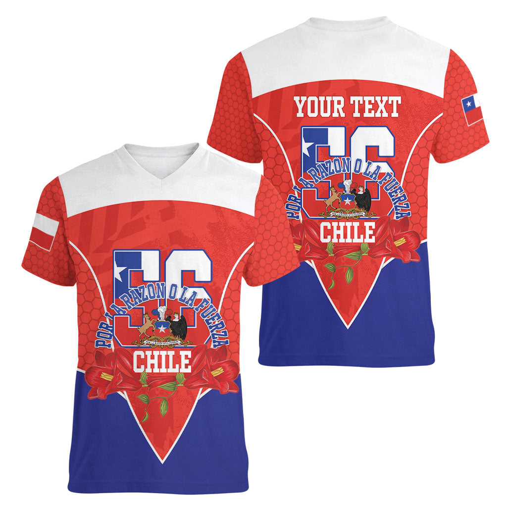 Personalized Chile Independence Day Women V-Neck T-Shirt Chilean Code 56 Copihue Flowers