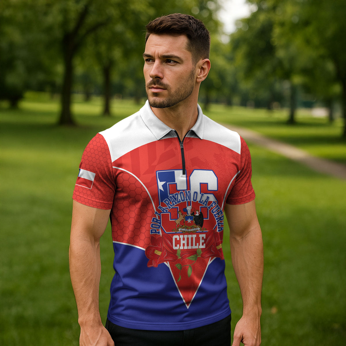 Personalized Chile Independence Day Zipper Polo Shirt Chilean Code 56 Copihue Flowers