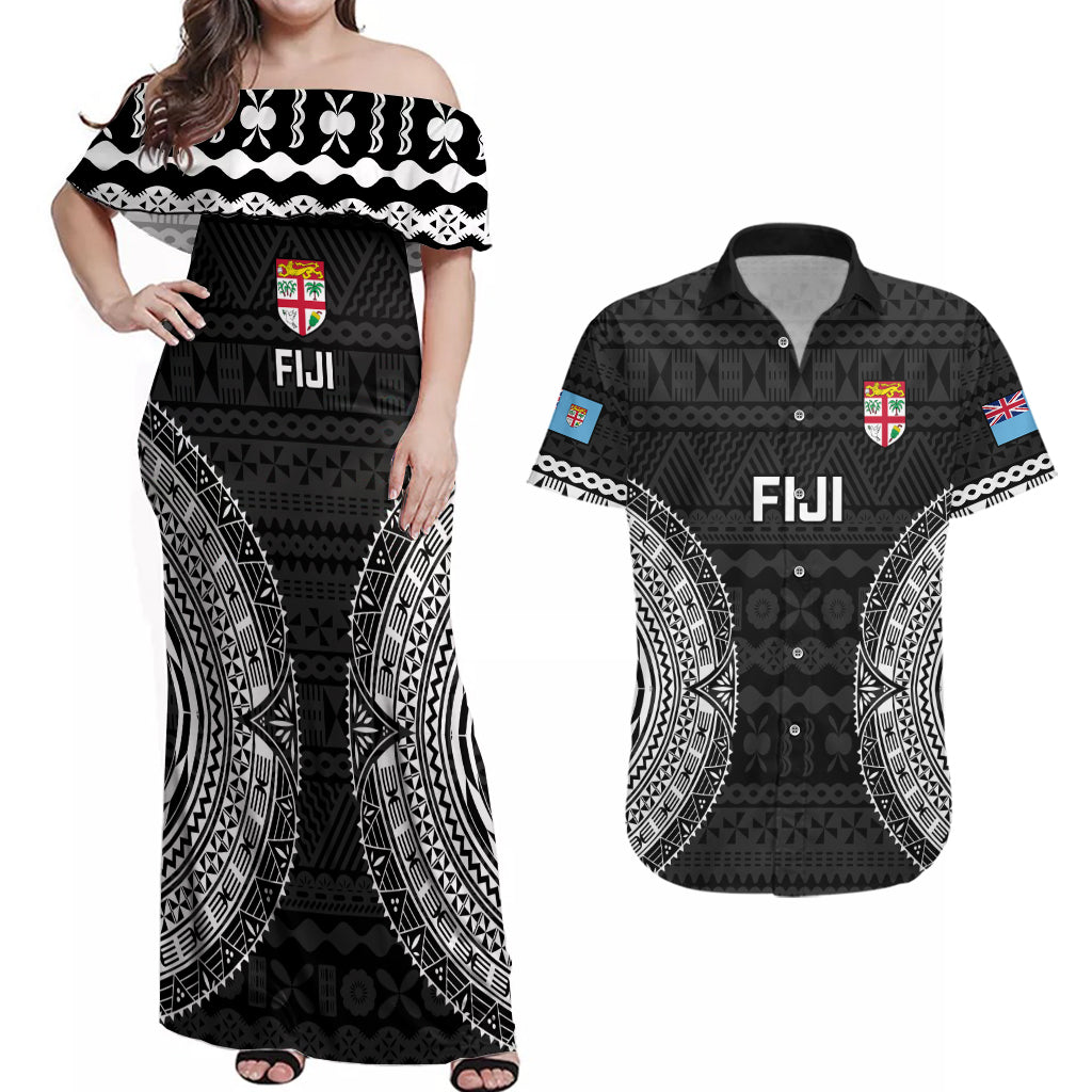 Fiji Rugby Couples Matching Off Shoulder Maxi Dress and Hawaiian Shirt 2023 Fijian Tapa Pattern World Cup Black - Wonder Print Shop
