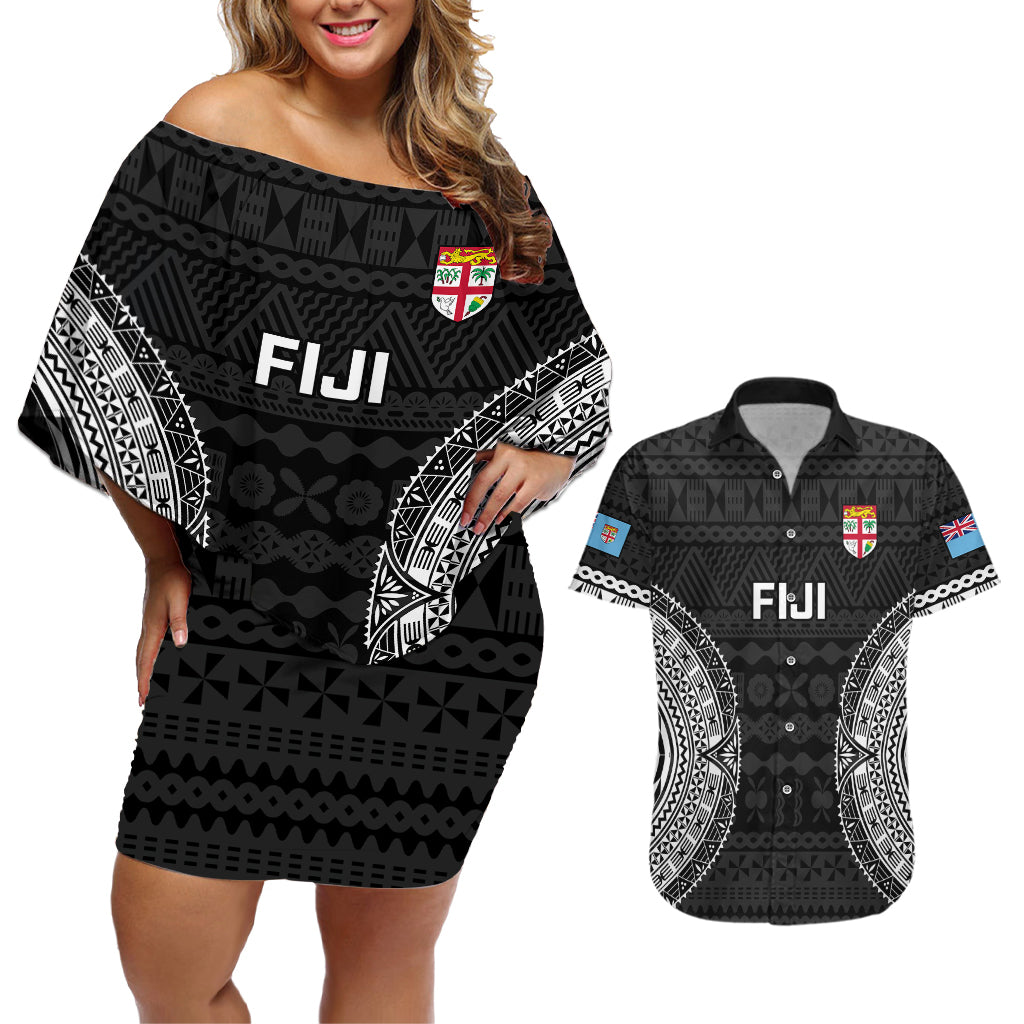 Fiji Rugby Couples Matching Off Shoulder Short Dress and Hawaiian Shirt 2023 Fijian Tapa Pattern World Cup Black - Wonder Print Shop