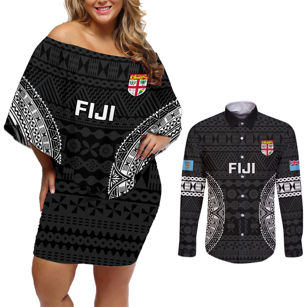 Fiji Rugby Couples Matching Off Shoulder Short Dress and Long Sleeve Button Shirts 2023 Fijian Tapa Pattern World Cup Black - Wonder Print Shop