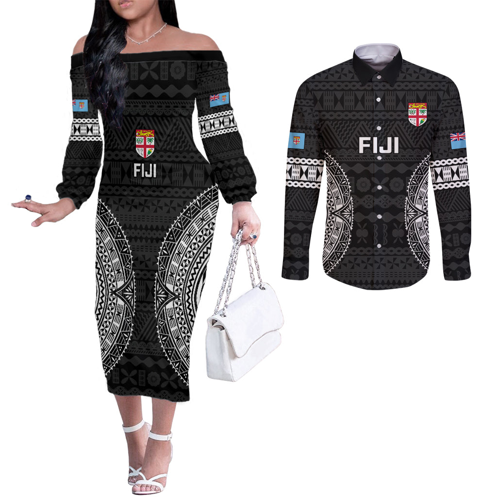 fiji-rugby-couples-matching-off-the-shoulder-long-sleeve-dress-and-long-sleeve-button-shirts-2023-fijian-tapa-pattern-world-cup-black