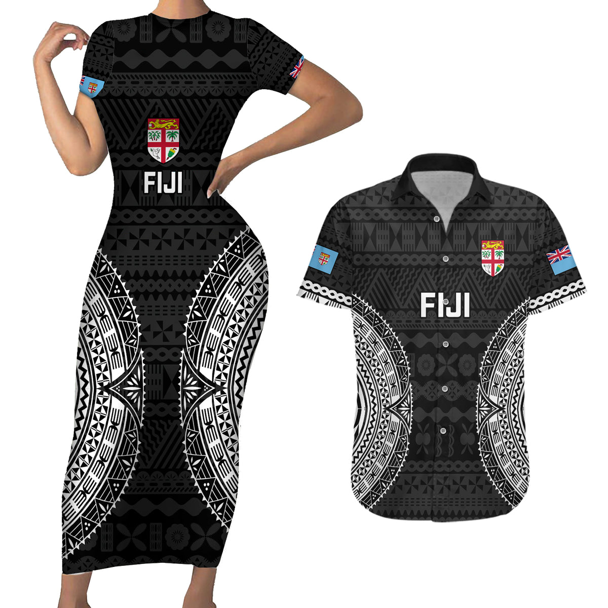Fiji Rugby Couples Matching Short Sleeve Bodycon Dress and Hawaiian Shirt 2023 Fijian Tapa Pattern World Cup Black - Wonder Print Shop