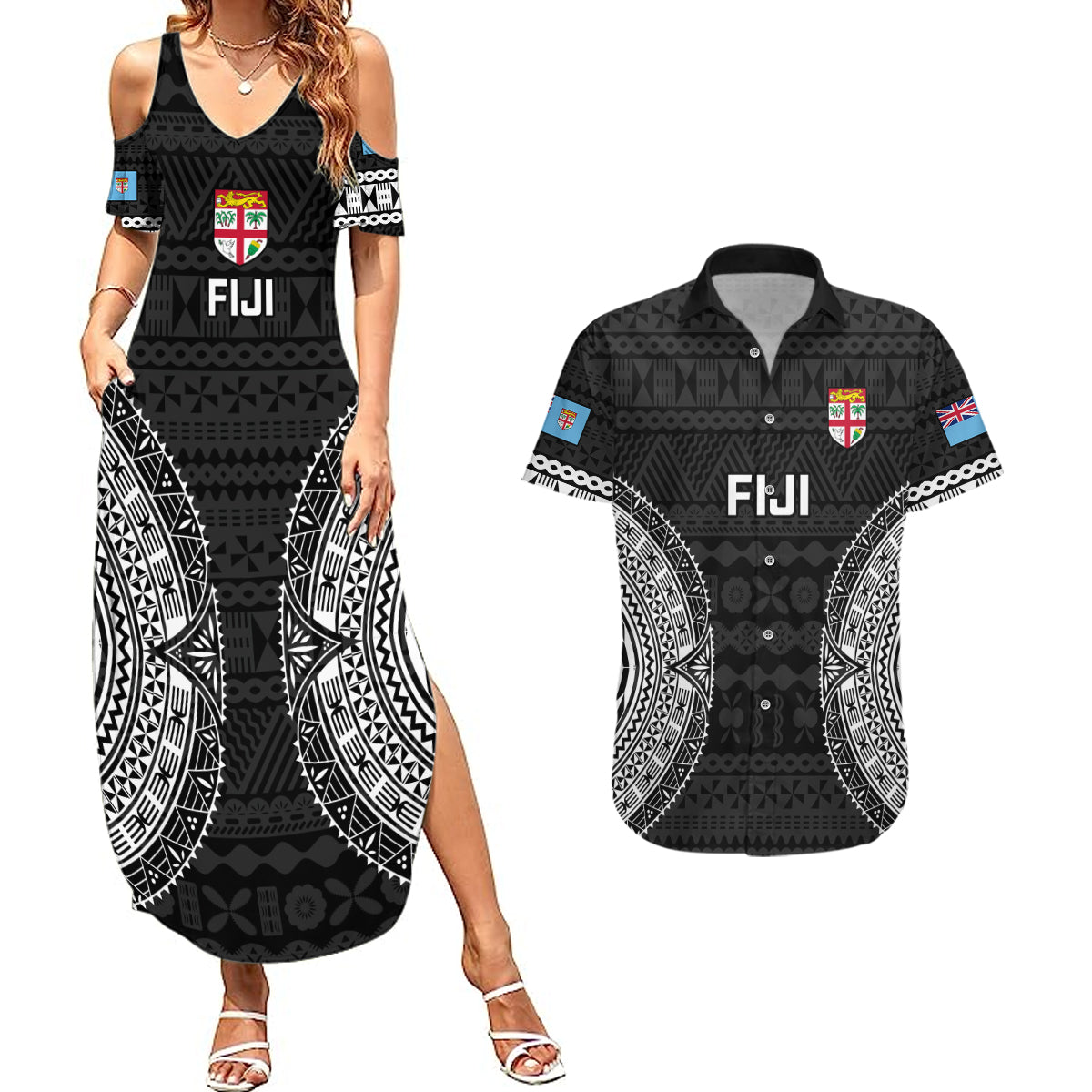 Fiji Rugby Couples Matching Summer Maxi Dress and Hawaiian Shirt 2023 Fijian Tapa Pattern World Cup Black - Wonder Print Shop