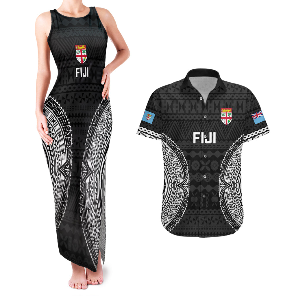 Fiji Rugby Couples Matching Tank Maxi Dress and Hawaiian Shirt 2023 Fijian Tapa Pattern World Cup Black - Wonder Print Shop
