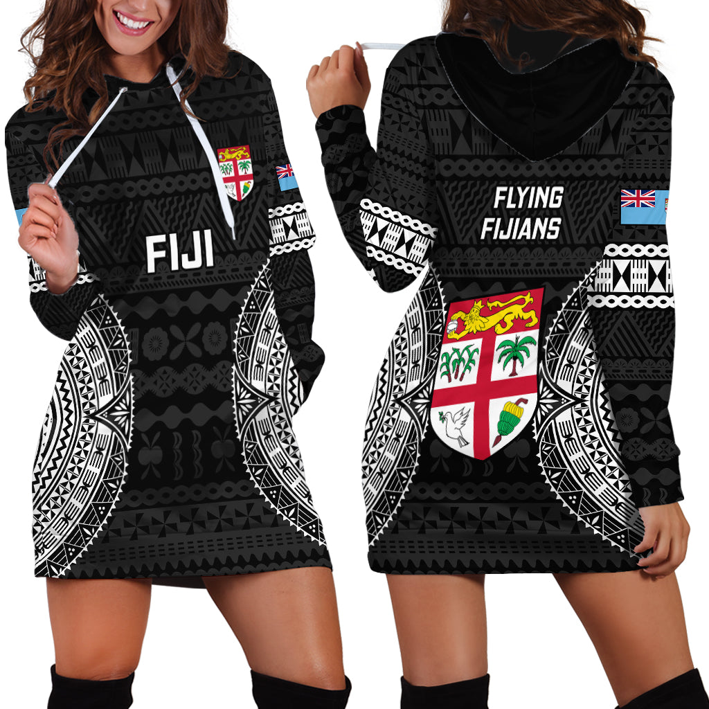 Fiji Rugby Hoodie Dress 2023 Fijian Tapa Pattern World Cup Black - Wonder Print Shop