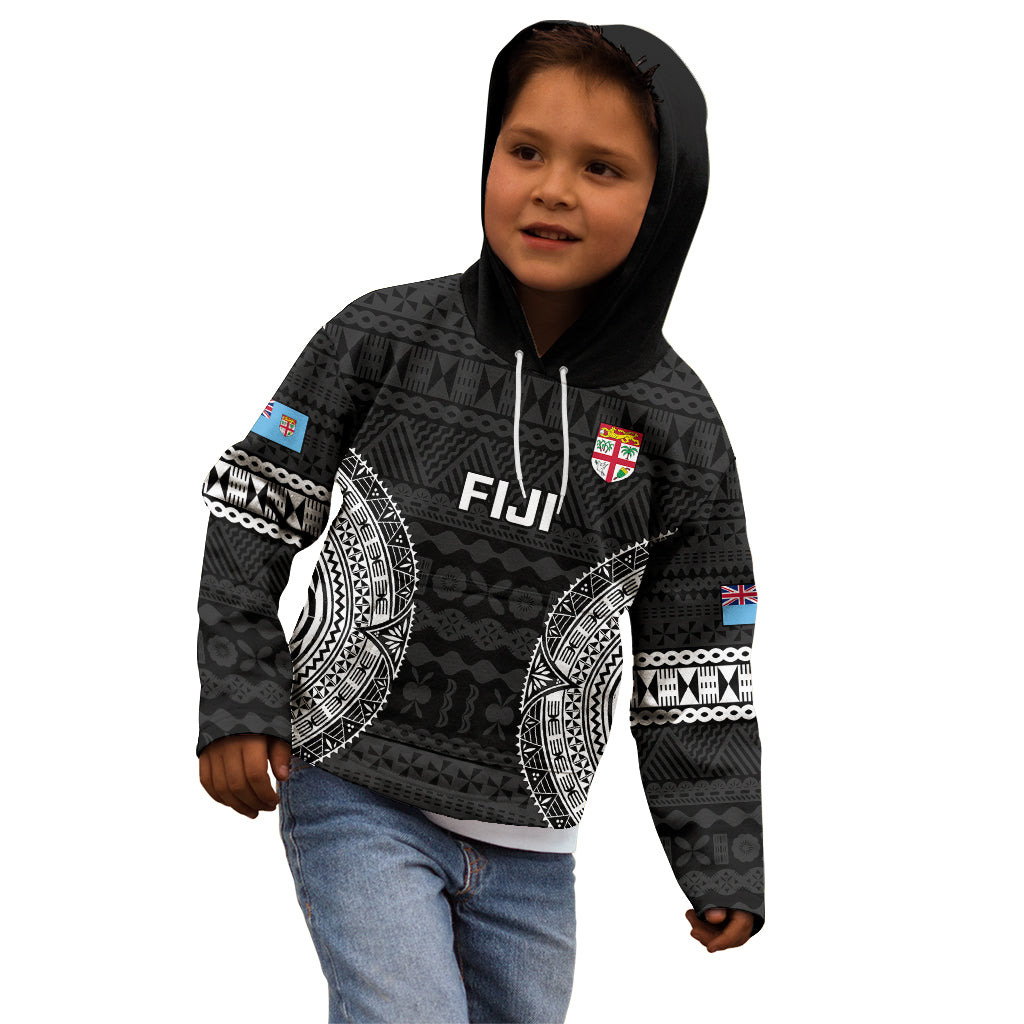 Fiji Rugby Kid Hoodie 2023 Fijian Tapa Pattern World Cup Black - Wonder Print Shop