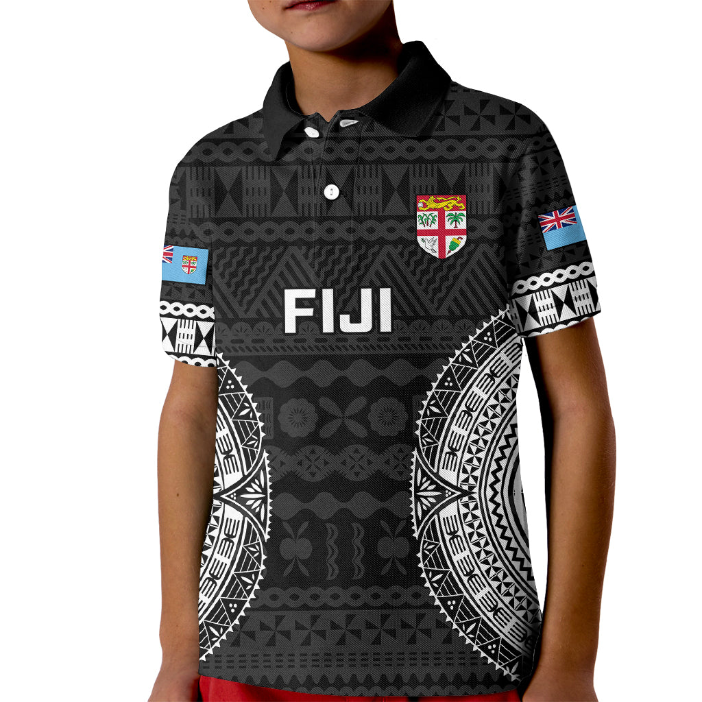 Fiji Rugby Kid Polo Shirt 2023 Fijian Tapa Pattern World Cup Black - Wonder Print Shop
