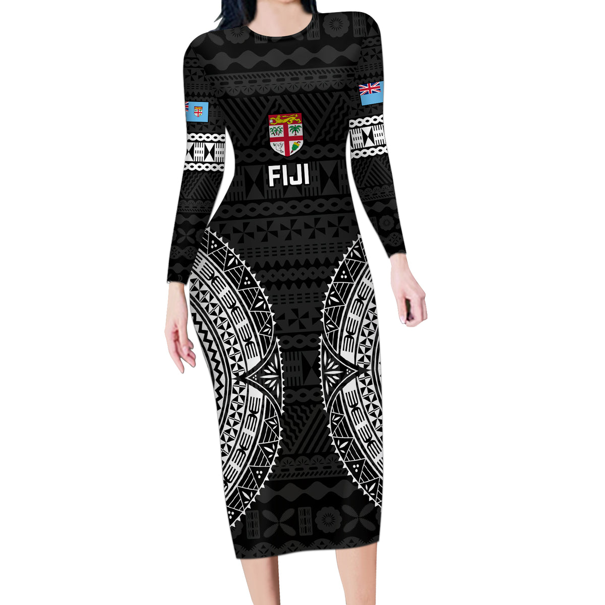 Fiji Rugby Long Sleeve Bodycon Dress 2023 Fijian Tapa Pattern World Cup Black - Wonder Print Shop