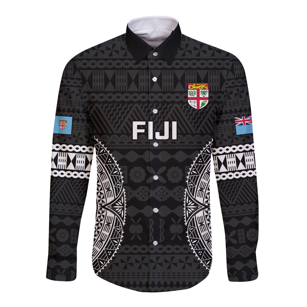Fiji Rugby Long Sleeve Button Shirt 2023 Fijian Tapa Pattern World Cup Black - Wonder Print Shop