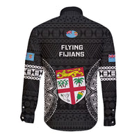 Fiji Rugby Long Sleeve Button Shirt 2023 Fijian Tapa Pattern World Cup Black - Wonder Print Shop