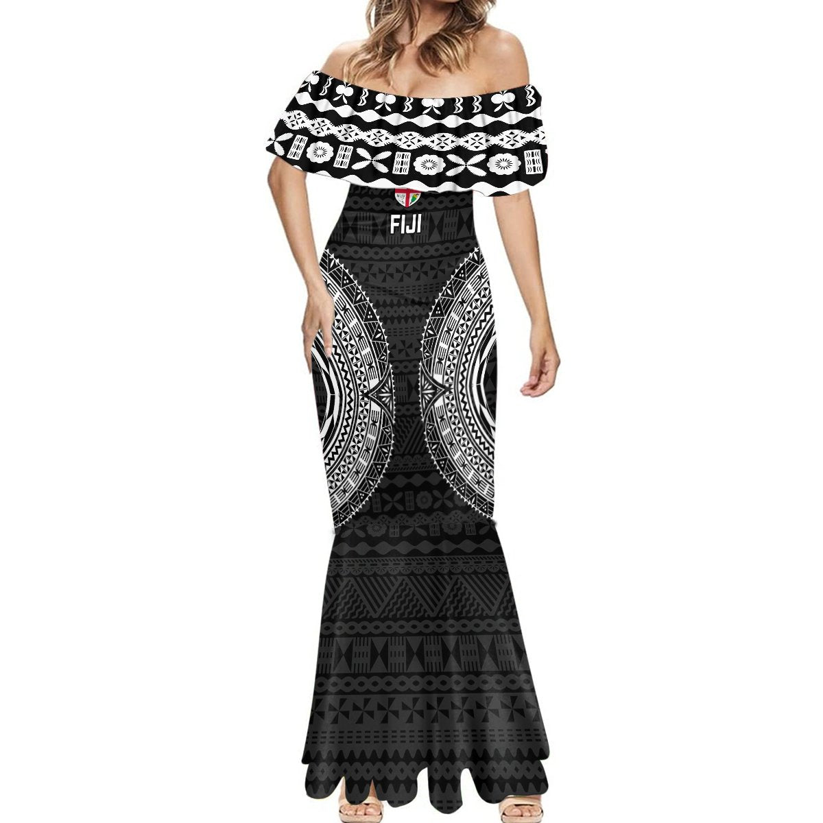 Fiji Rugby Mermaid Dress 2023 Fijian Tapa Pattern World Cup Black - Wonder Print Shop