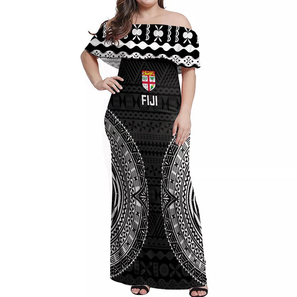 Fiji Rugby Off Shoulder Maxi Dress 2023 Fijian Tapa Pattern World Cup Black - Wonder Print Shop