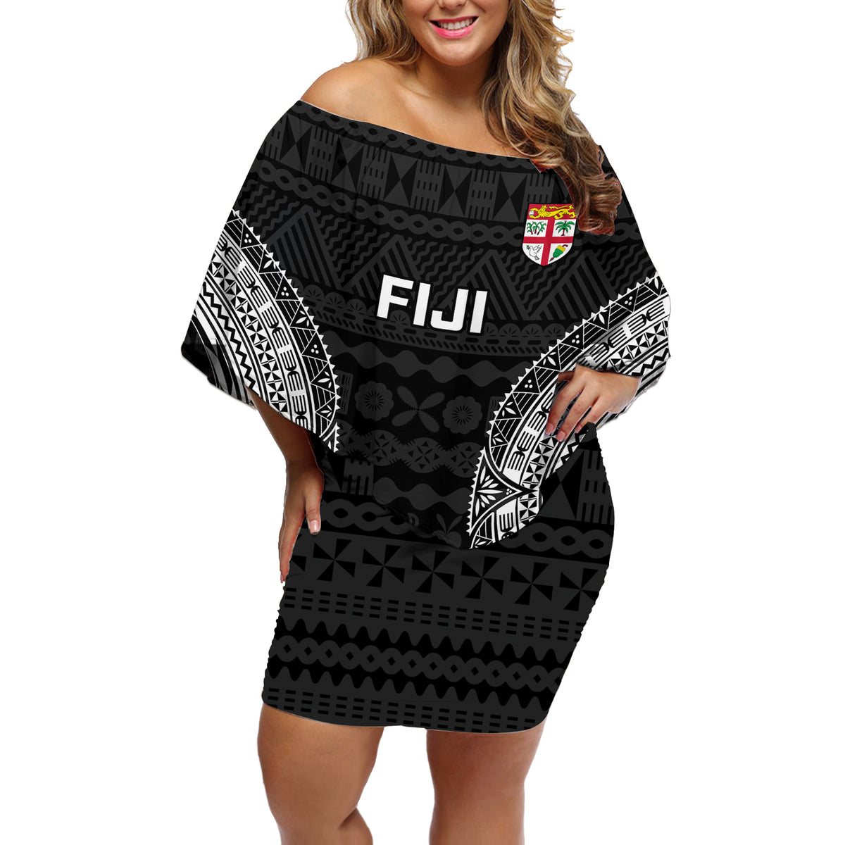 Fiji Rugby Off Shoulder Short Dress 2023 Fijian Tapa Pattern World Cup Black - Wonder Print Shop