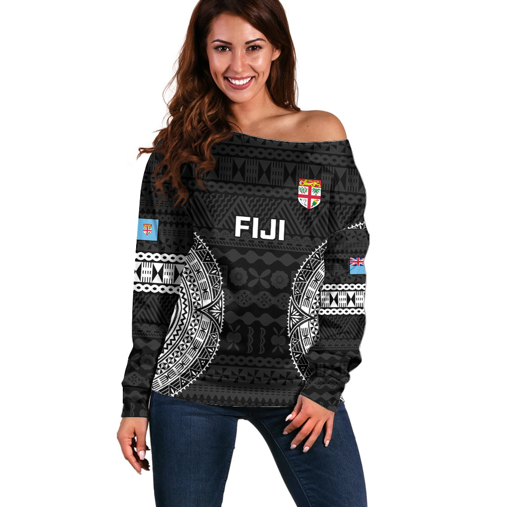 Fiji Rugby Off Shoulder Sweater 2023 Fijian Tapa Pattern World Cup Black - Wonder Print Shop