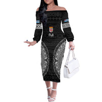 Fiji Rugby Off The Shoulder Long Sleeve Dress 2023 Fijian Tapa Pattern World Cup Black - Wonder Print Shop