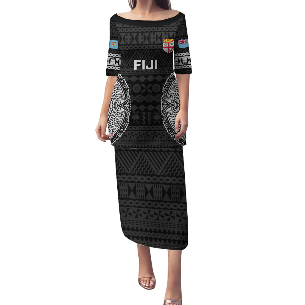 Fiji Rugby Puletasi 2023 Fijian Tapa Pattern World Cup Black - Wonder Print Shop
