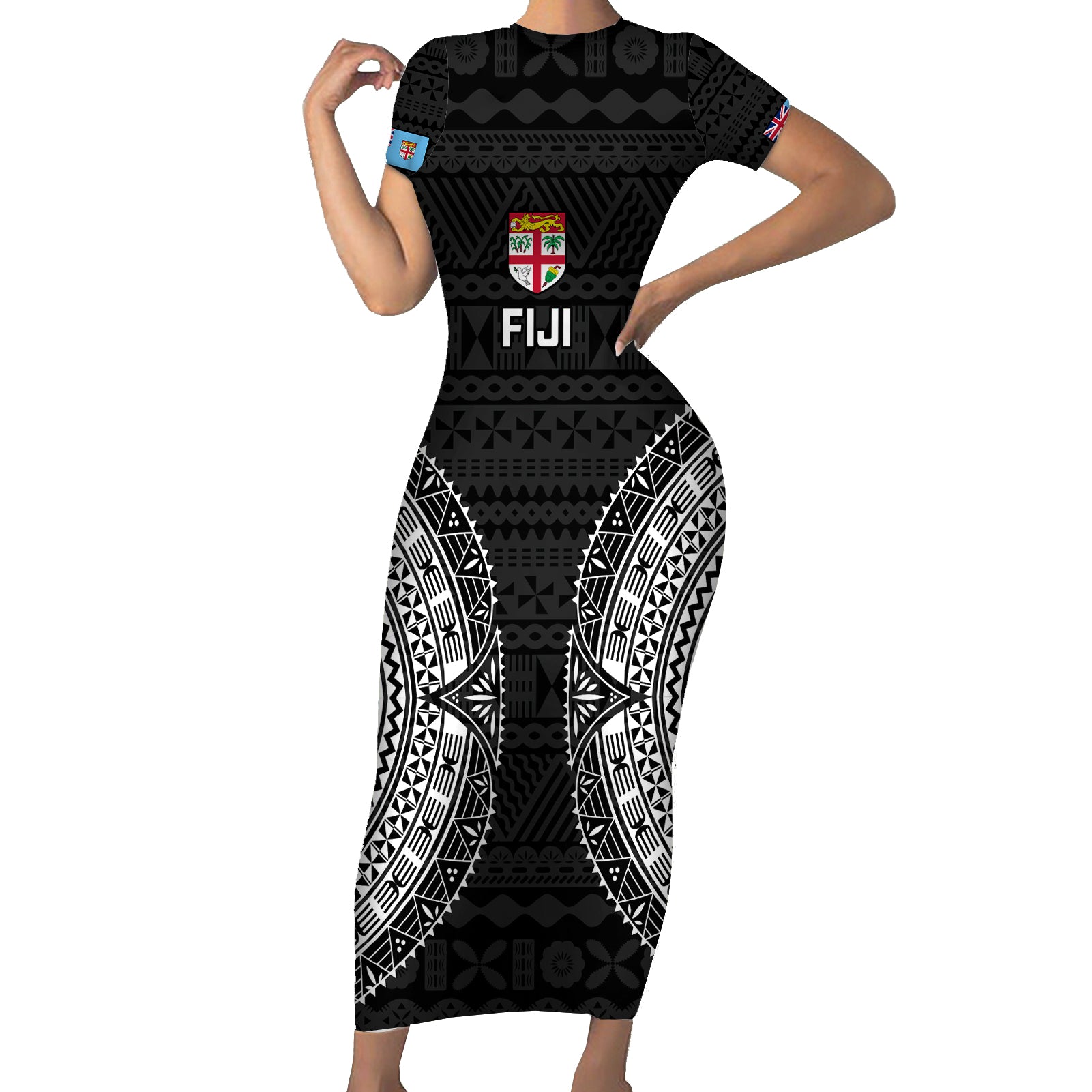 Fiji Rugby Short Sleeve Bodycon Dress 2023 Fijian Tapa Pattern World Cup Black - Wonder Print Shop