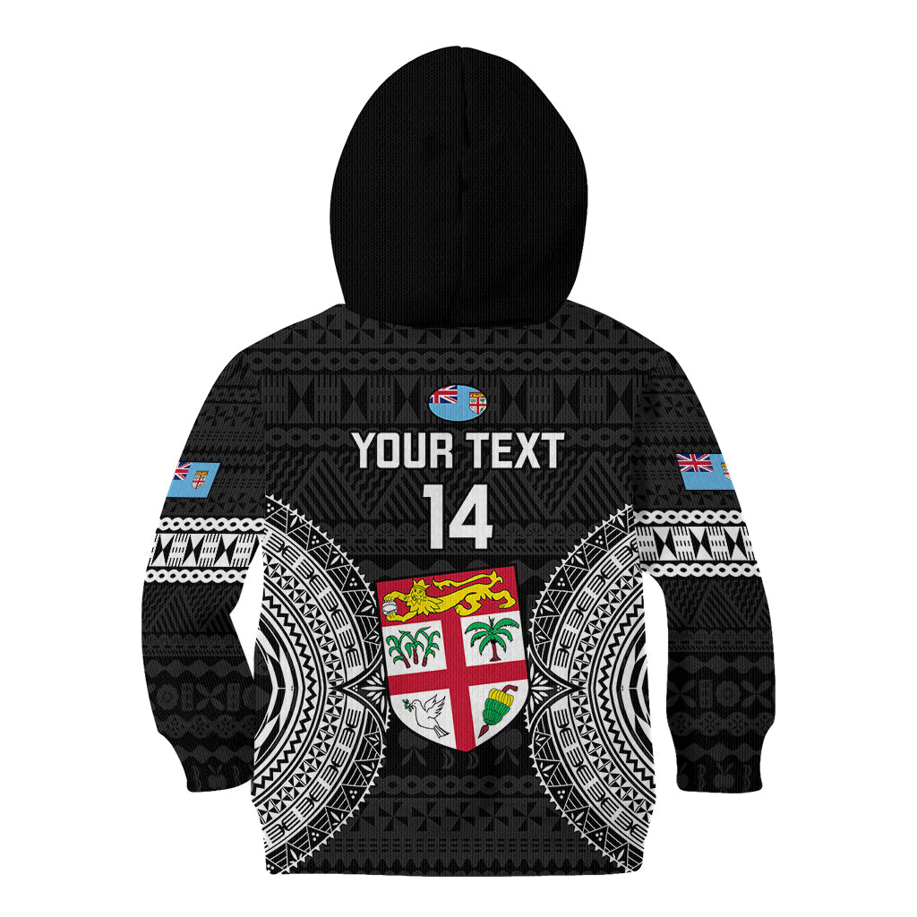 Custom Fiji Rugby Kid Hoodie 2023 Fijian Tapa Pattern World Cup Black - Wonder Print Shop