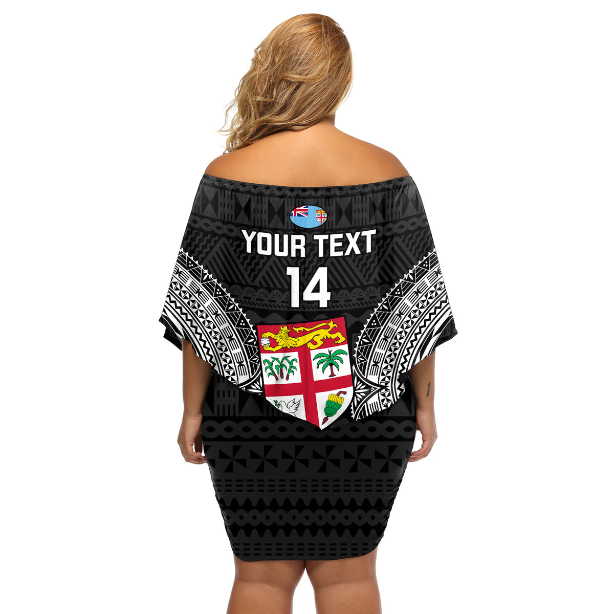 Custom Fiji Rugby Off Shoulder Short Dress 2023 Fijian Tapa Pattern World Cup Black - Wonder Print Shop