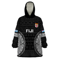 Custom Fiji Rugby Wearable Blanket Hoodie 2023 Fijian Tapa Pattern World Cup Black - Wonder Print Shop